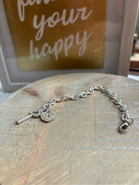 Silver Tone Heart Lock & Key Charm Bracelet | Rhinestone Toggle Charms